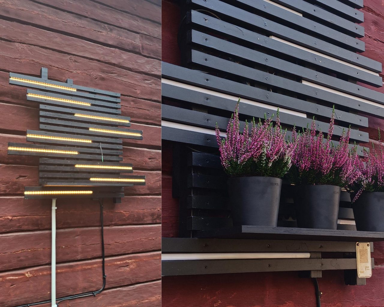 Talon seinällä kanervat kasvavat ruukuissa, ja valojärjestelmän valo palaa.