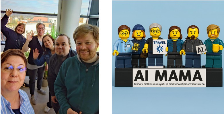 Vasemmanpuoleisessa kuvassa kuusi hanketyöntekijää hymyilee ja vilkuttaa kameralle. Oikealla rivissä seisomassa heitä muistuttavat lego-hahmot.