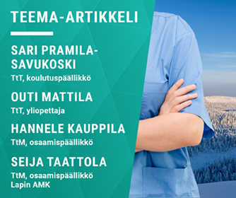 Kirjoittajien tiedot ja kuvituskuvassa hoitajan asuun pukeutuneen henkilön olka ja kylki talviseen tunturimaisemaan sijoitettuna.