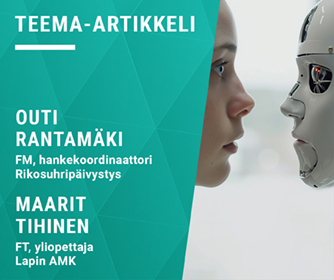 Kirjoittajien tiedot ja kuvituskuvassa henkilö ja häntä muistuttava robotti katsovat toisaan silmiin..