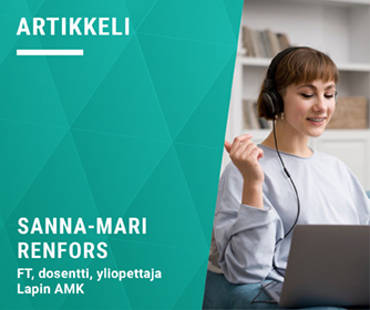 Kirjoittajan tiedot ja kuvituskuvassa henkilö keskustelee kuulokkeet päässään tietokoneella.