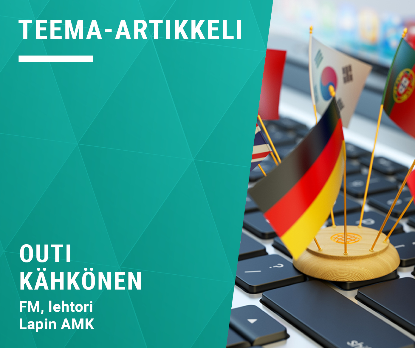 Kirjoittajan tiedot ja eri maiden pieniä lippuja tietokoneen näppäimistöllä.