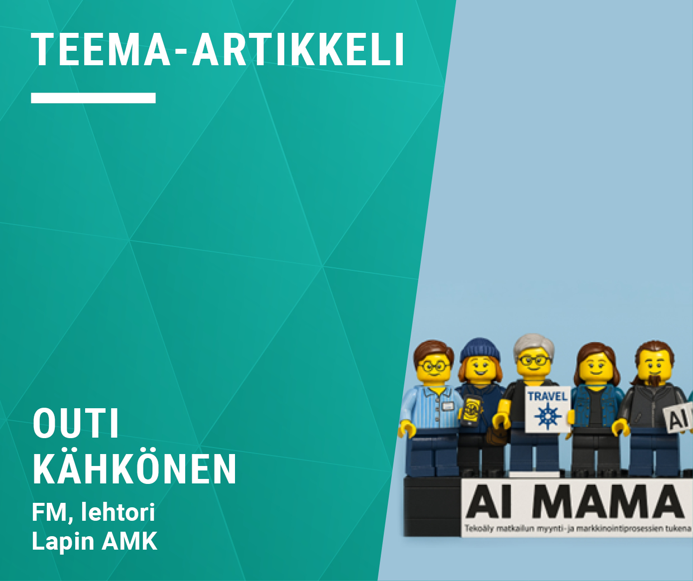 Kirjoittajan tiedot ja tekoälyn luomia legohahmoja rivissä seisomassa.