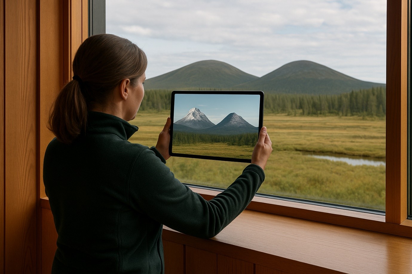 Hahmo ikkunan ääressä kuvaa tablettitietokoneella kahta tunturia.