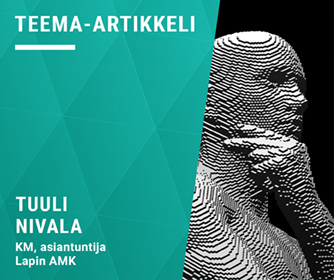 Kirjoittajan tiedot ja pikselöity tekoälykuva pohtivasta ihmishahmosta.