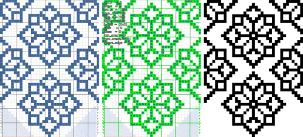 Teoreettinen tilanne tunnistuksessa. Vasemmalla alkuperäinen neuleohje, keskellä löydetyt tummat alueet ja oikealla alueet puhtaalla pohjalla neuleohjeeksi muotoiltuna.