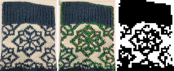 Todellinen tilanne tunnistuksessa. Vasemmalla sukkakuva, keskellä löydetyt tummat alueet ja oikealla alueet puhtaalla pohjalla neuleohjeeksi muotoiltuna.