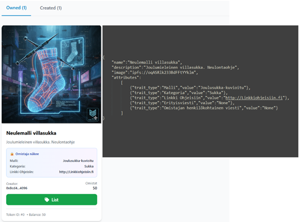 Oman verkkokaupan näkymä NFT:stä. Vasemmalla sukka visualisoituna digitaaliseksi ja oikealla tekstimuotoista json-dataa NFT:stä.