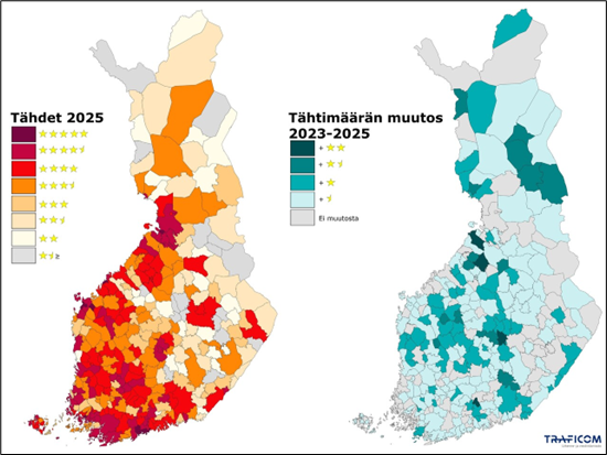 Kartassa on kuvattu Traficomin laajakaistaluokituksen 2025 tähtimäärät Suomen kunnissa sekä muutos vuoden 2023 tilanteeseen verrattuna. Kartan päätulokset on kerrottu tekstissä.