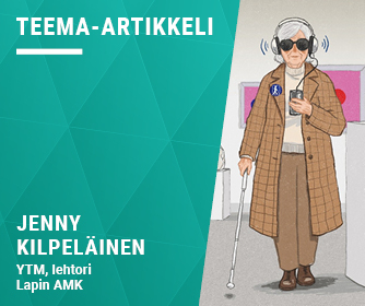 Kirjoittajan tiedot ja piiroskuva iäkkäästä sokeasta henkilöstä museossa.