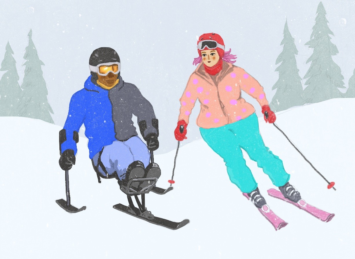 Laskettelija laskettelukelkalla avustajan kanssa lumisessa maisemassa. Taustalla on puita ja lunta sataa. 