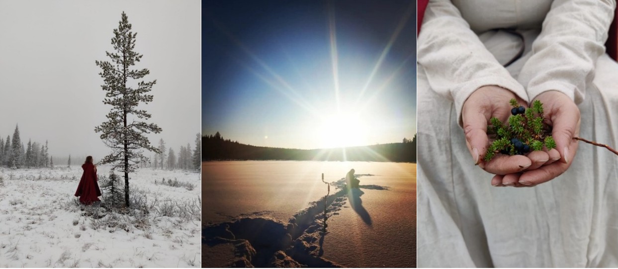 Kuvat 1-3 kuvittavat Pohjoisesta Luonnosta Oy:n lappilaista toimintaympäristöä ja ihmistä. Kuvassa 1. ihminen lumisella metsäaukeaa. Kuvassa 2. Ihminen pilkillä aurinkoisella lumisella järvellä. Kuvassa 3. lähikuva kämmenistä, joilla variksen marjoja varpuineen.