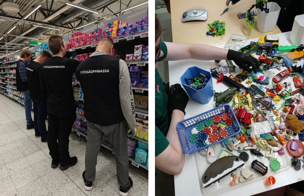 Kuvat 4-7 kuvittavat Meriva-säätiön toimintaa. Kuvassa 1. on Goodwill-myymälän näyteikkuna. Kuvassa 2. on vanha keinutuoli ja ihmisen käsi entisöimässä sitä. Kuvassa 3. on henkilöitä, joiden liivien selkämyksessä lukee ”työssäoppimassa”. Työssäoppijat tarkastelevat tai järjestelevät tavaratalon tuotehyllyä. Kuvassa 4. on paljon pieniä leikkikaluja ja pelinappuloita, joita ihmisen kädet ovat lajittelemassa.