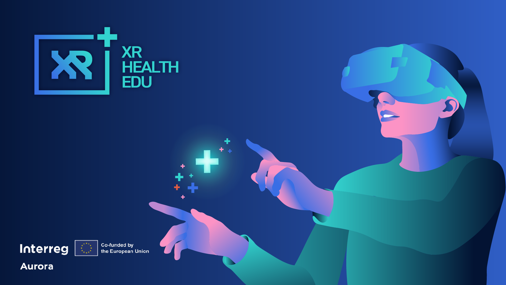 Illustrated futuristic character wearing a VR headset and reaching toward floating plus symbols.