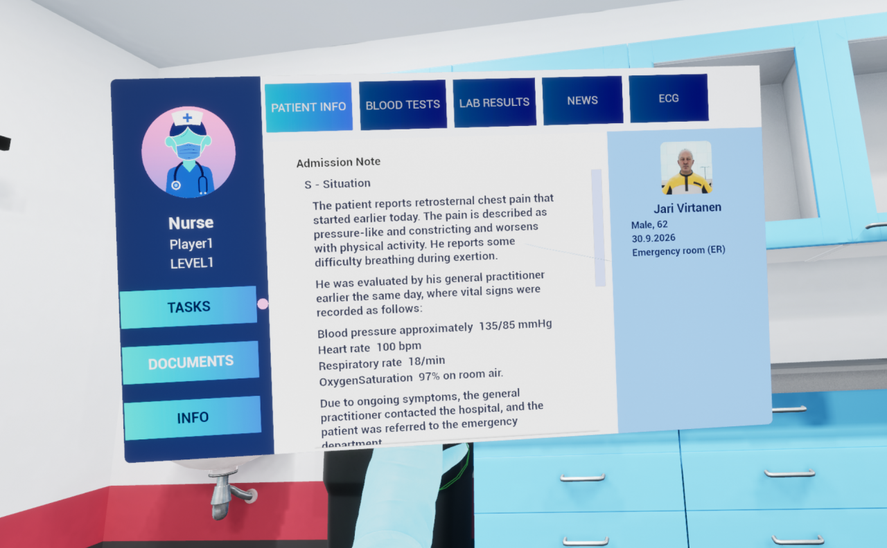 Game screenshot showing a hospital environment and a floating tablet with a patient admission note