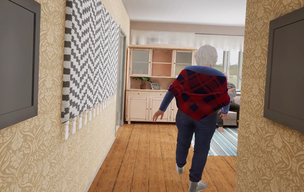 Game screenshot of an elderly person's home with two characters, one walking toward another seated on a sofa.