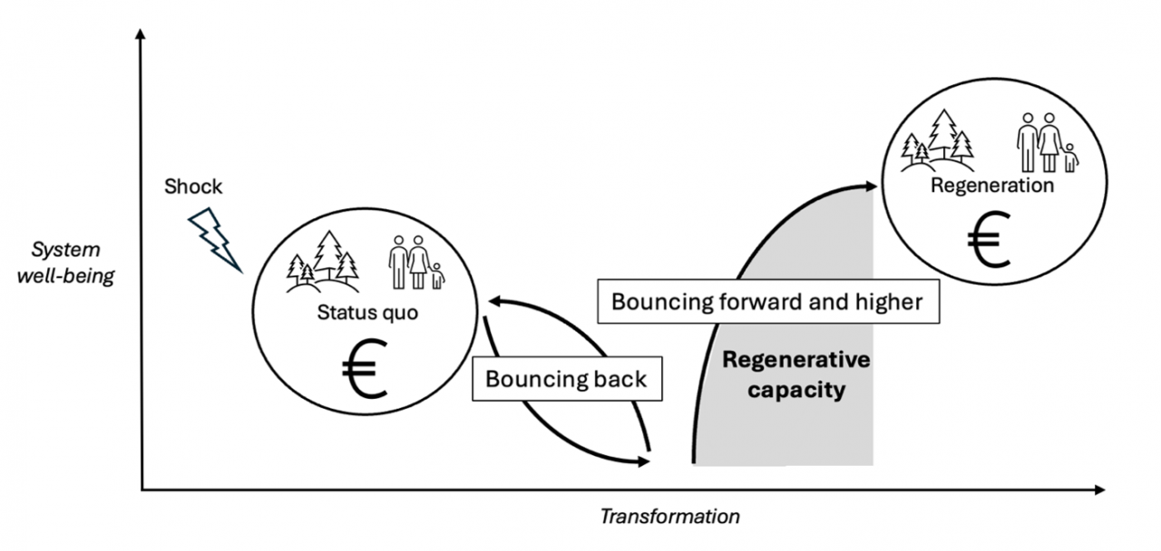 Conceptual diagram illustrating two potential system responses to a disturbance. Bouncing back returns the system towards its previous state, due to lock-in, whereas bouncing forward enable transformation toward improved system well-being through regenerative capacity.