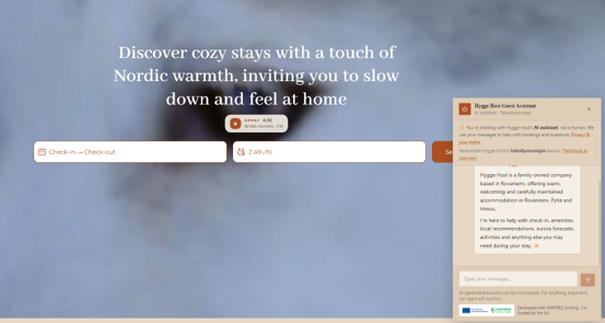  Screenshot of the Hygge Host AI Smart Travel Assistant website showing accommodation search fields and an AI-powered guest assistant chat window.
