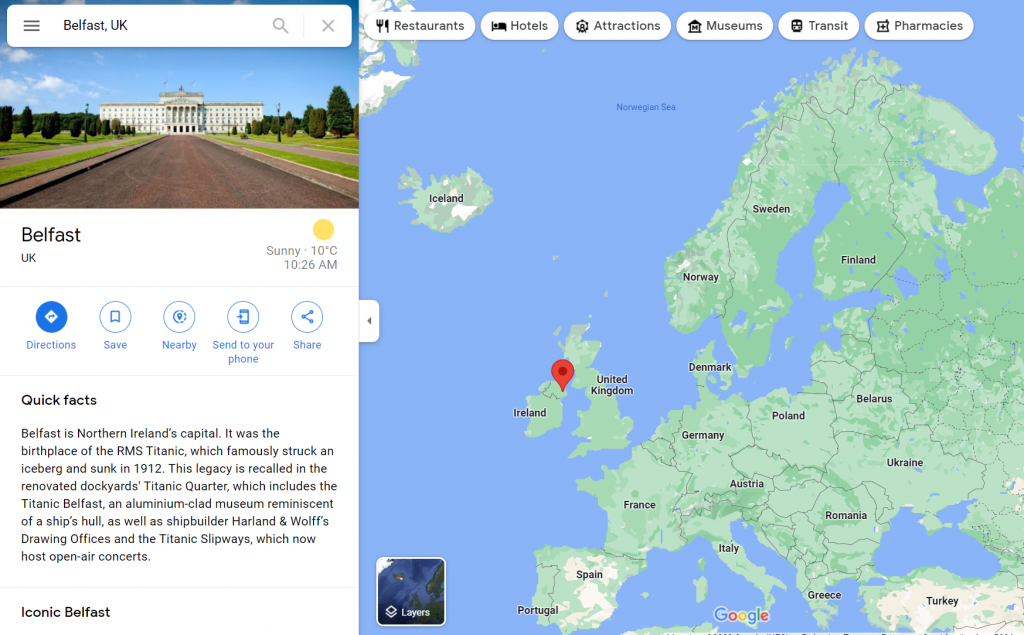 Belfast on the map of Europe from Google Maps