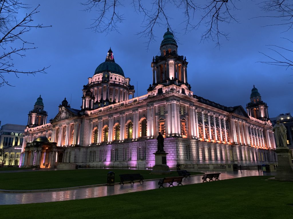 The city hall in belfast during night