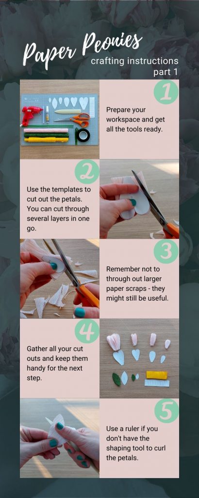 Steps 1-5 of crafting paper peony