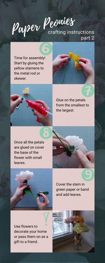 Steps 6-9 of crafting paper peony