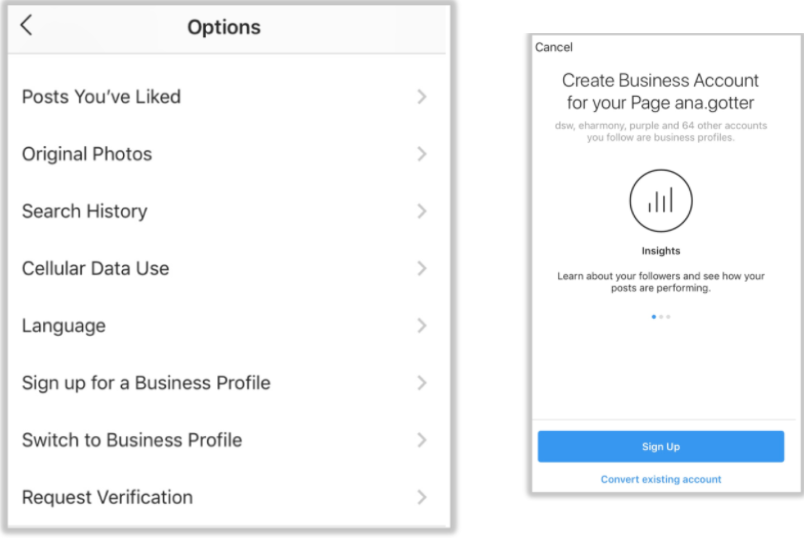 Screenshot of Instagram menu settings