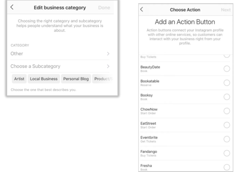 Screenshot of Instagram business menu settings