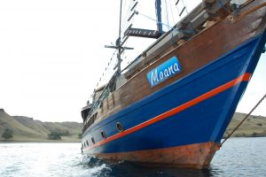 Wooden ship called "Moana" in the ocean