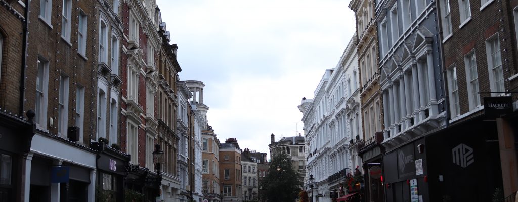 Street view of London on a cloudy day