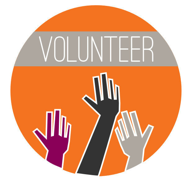 Volunteering logo: hand up on an orange background.