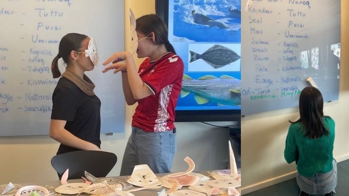 Lars wrote animal names in English on the whiteboard, and students translated them into Greenlandic. 