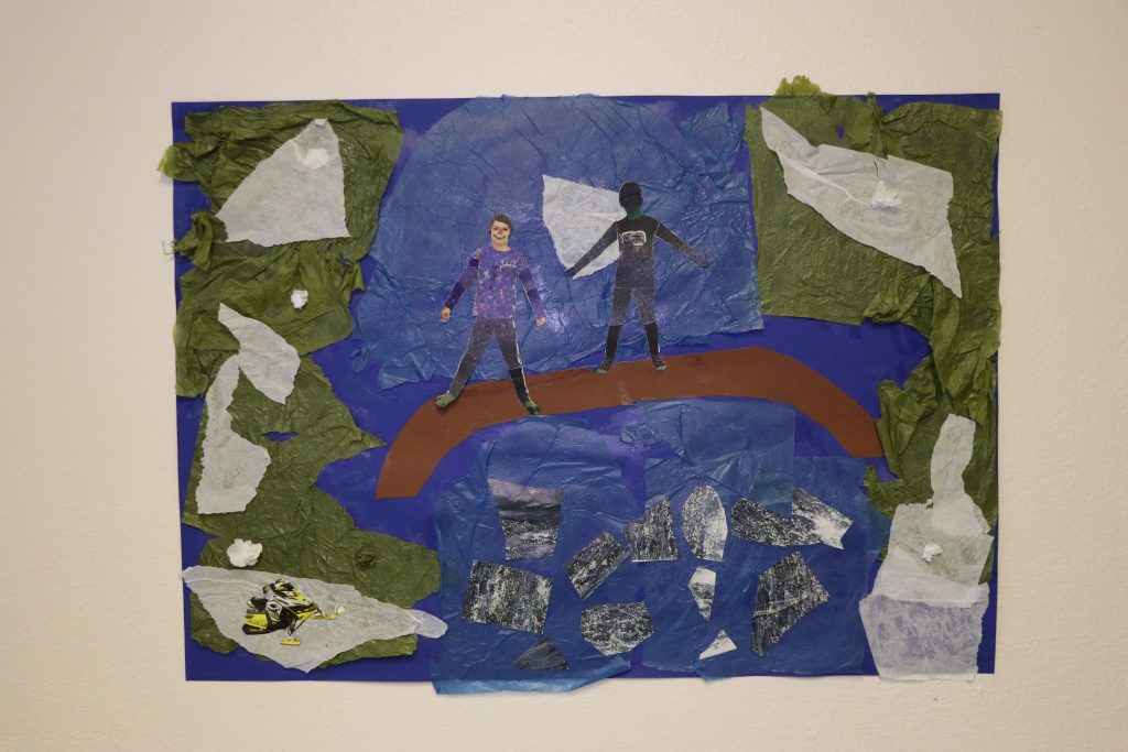 One of the finished animation backgrounds and puppets.