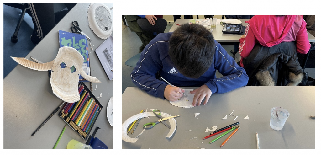 This workshop was not pre-planned and had to be improvised with materials like paper plates, watercolor pencils, scissors, and glue. Next time we will be using recycled or sustainable local materials instead of disposable items.