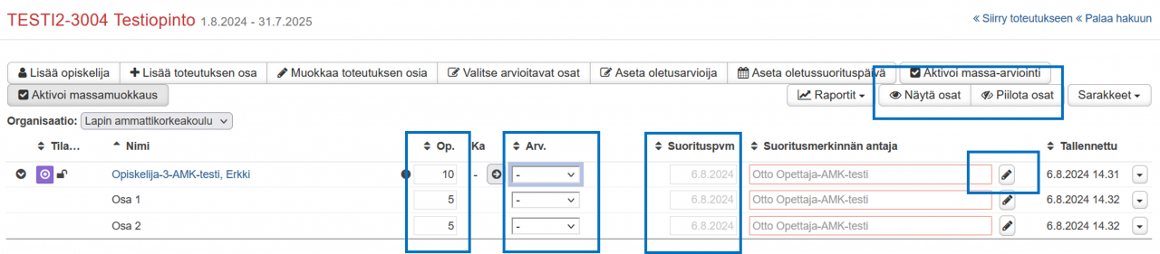 Arviointi, toteutuksen osia