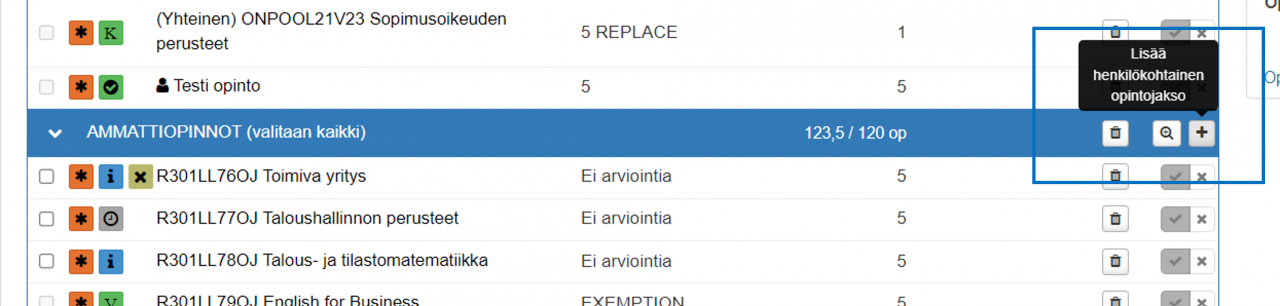 Henkilökohtaisen opintojakson lisääminen