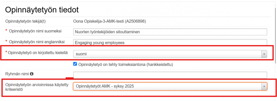 Opinnäytetyön arviointi perustiedot