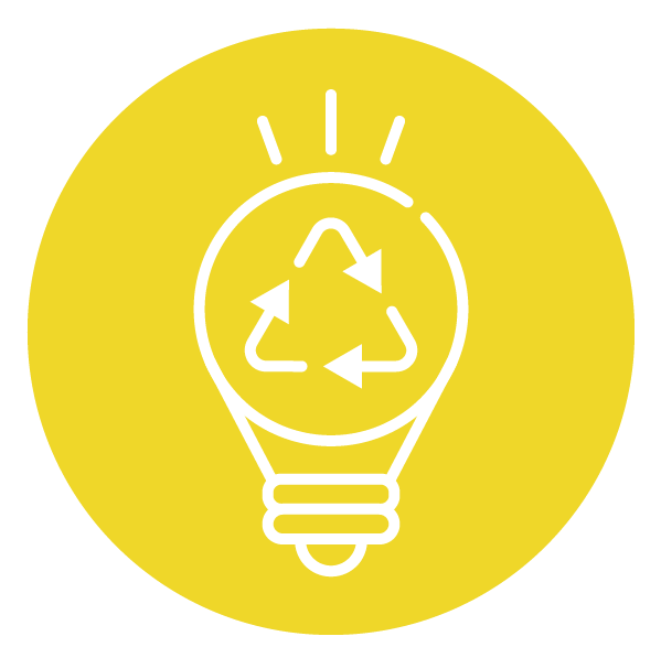 A yellow logo with a light bulb, inside it a triangle with three arrows to show progress.
