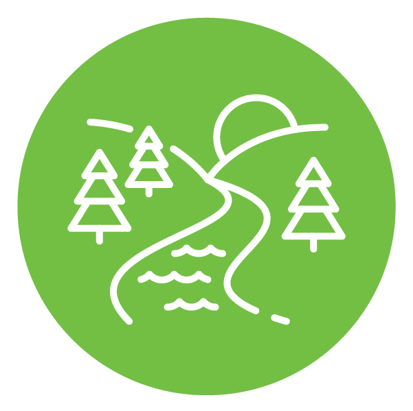Green logo with a river, three sprure trees and a sunset.