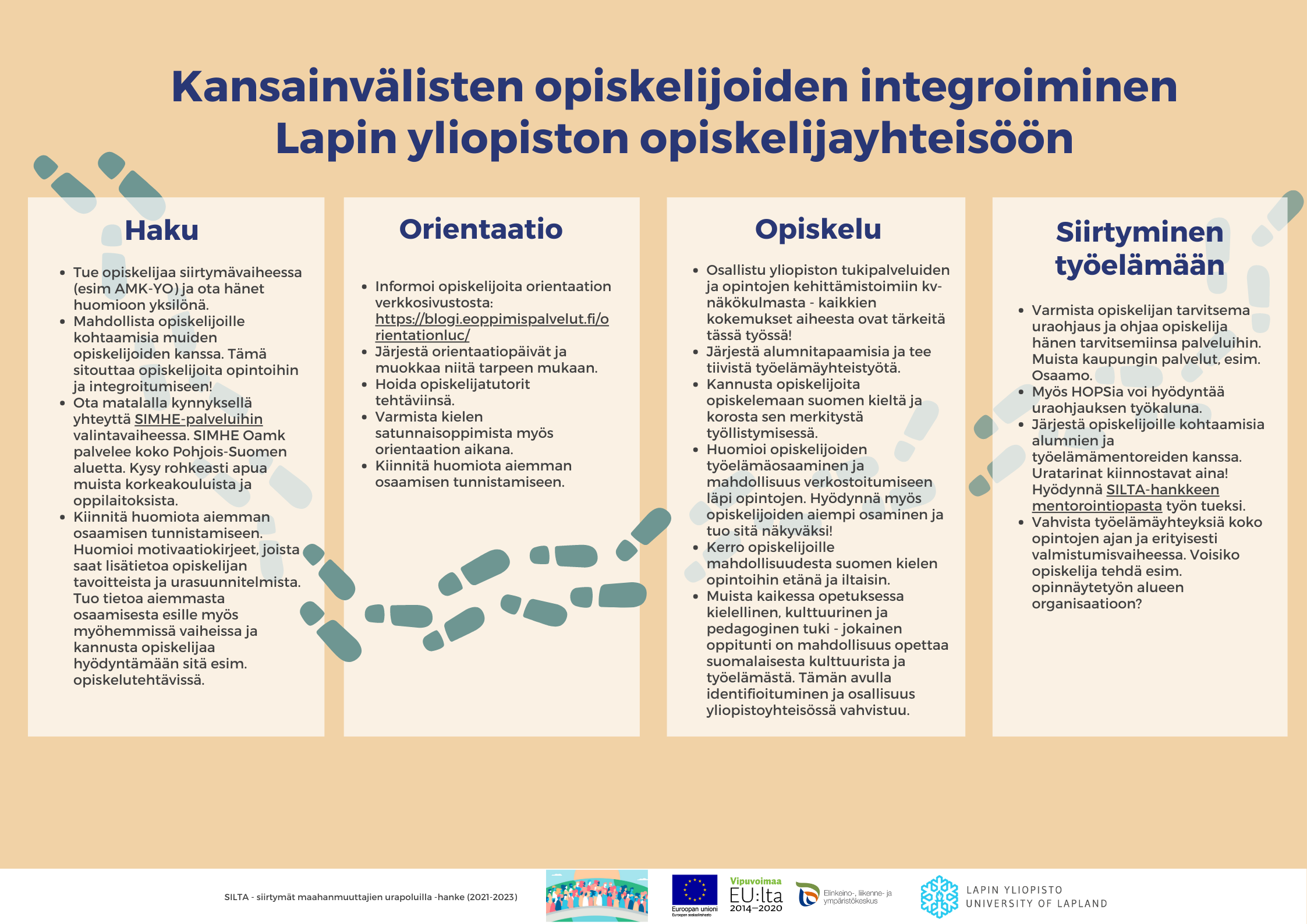 Lapin yliopiston SILTA-hankkeen toimintakuvaus, jossa kuvataan kuinka kansainvälisiä opiskelijoita saadaan integroitua paremmin opiskelijayhteisöön.