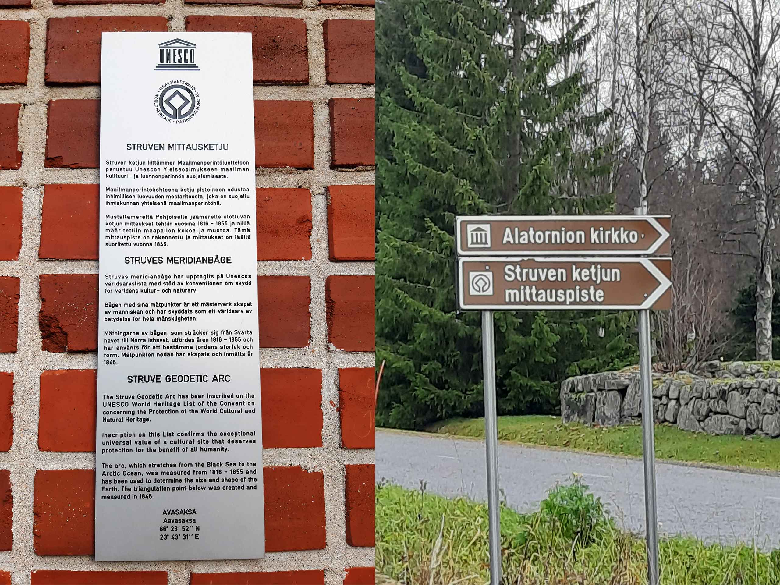 Examples of the signage informing about the Struve Geodetic Arc: memorial plate in front of a sightseeing tower, traffic signs leading to station point. 