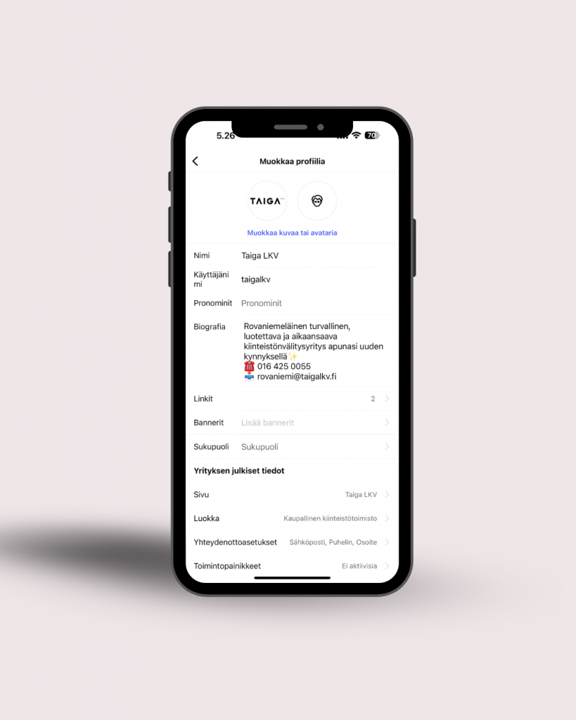 Instagram profiilin kuvauksen muokkausmahdollisuudet.