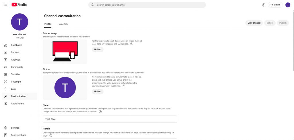 Youtuben studio on auki jossa voi vaihtaa kanavan bannerin, profiilikuvan, nimen ja tunnuksen.