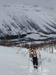Kolme vapaalaskijaa nousemassa Paidattomana SØrfjelltindenin rinteellä aurinkoisessa säässä. Jyrkkä rinne metsän yläpuolella.